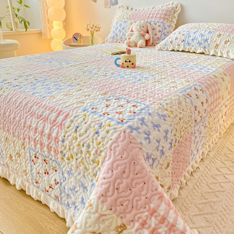 Prekrivač za krevet od mliječnog velura s punjenjem od pamuka, zimska toplina, koralni flis, tatami stil, protuklizno, zadebljano, čipkaste plahtice – trodjelni set