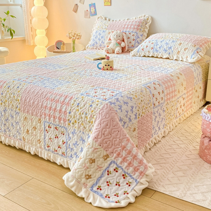 Prekrivač za krevet od mliječnog velura s punjenjem od pamuka, zimska toplina, koralni flis, tatami stil, protuklizno, zadebljano, čipkaste plahtice – trodjelni set