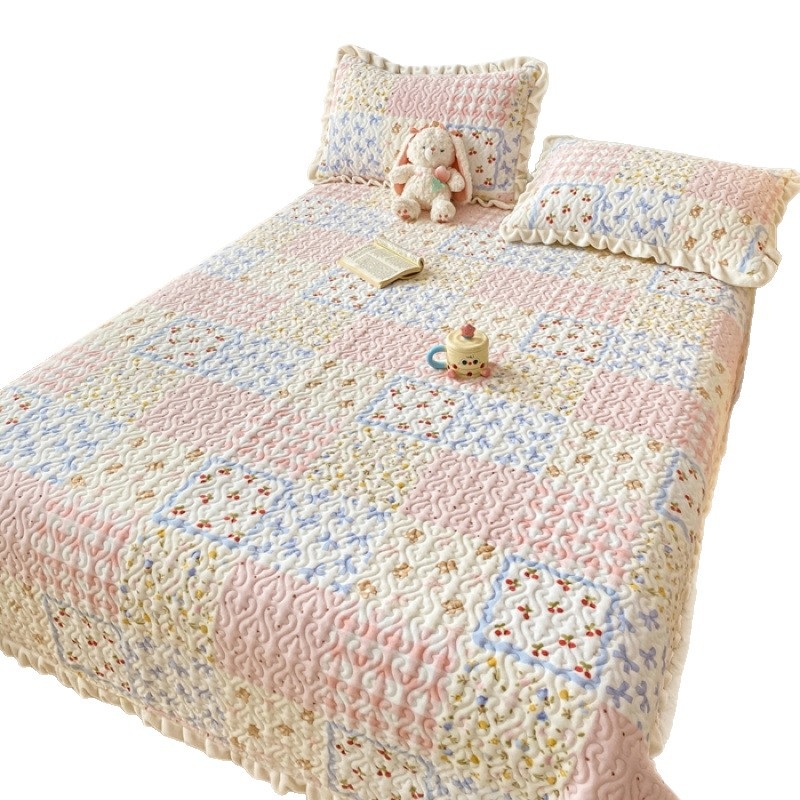 Prekrivač za krevet od mliječnog velura s punjenjem od pamuka, zimska toplina, koralni flis, tatami stil, protuklizno, zadebljano, čipkaste plahtice – trodjelni set