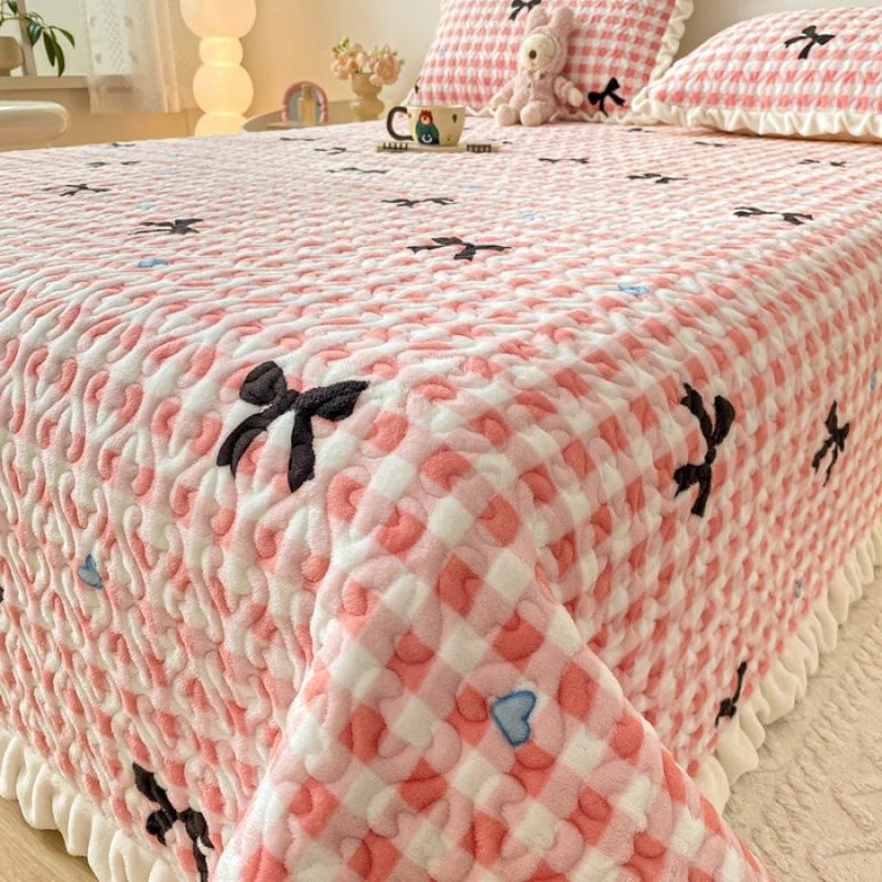 Prekrivač za krevet od mliječnog velura s punjenjem od pamuka, zimska toplina, koralni flis, tatami stil, protuklizno, zadebljano, čipkaste plahtice – trodjelni set
