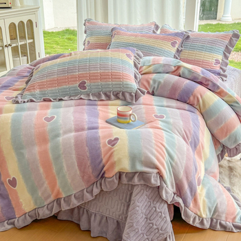 Milk Velvet prešivani set za krevet – Korejski stil, 4 dijela, 4500–5000 g, Uzorci: srca/geometrija/crtani/biljke, Zima i jesen toplina