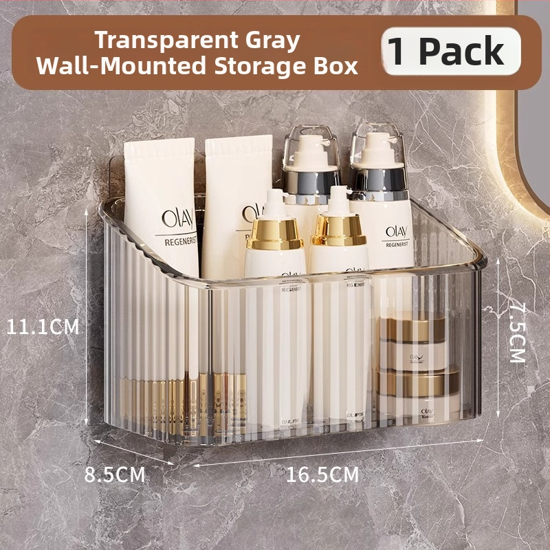 Sienas uzstādāms kosmētikas uzglabāšanas grozs vannas istabai, bez urbšanas, plastmasas, mūsdienīgs stils (Uzstādīšana: bez urbšanas; Materiāls: plastmasa; Modelis: sienas uzglabāšanas grozs kosmētikai; Svars: 1 kg)