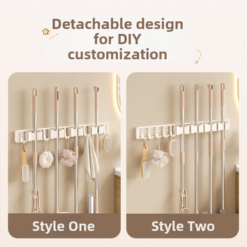 Stienā sienas plaukts mopam un slotai Crown Toon, materiāls: kosmiskais alumīnijs un plastmasa, uzstādīšana bez urbumiem, uzglabāšana mopas rokturiem, virsmas apdare: spreja plastmasa, svars 0,3 kg