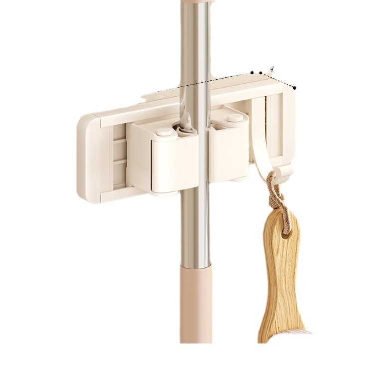 Stienā sienas plaukts mopam un slotai Crown Toon, materiāls: kosmiskais alumīnijs un plastmasa, uzstādīšana bez urbumiem, uzglabāšana mopas rokturiem, virsmas apdare: spreja plastmasa, svars 0,3 kg