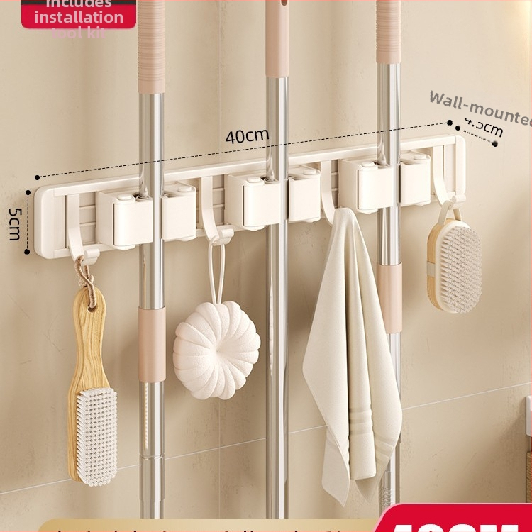 Stienā sienas plaukts mopam un slotai Crown Toon, materiāls: kosmiskais alumīnijs un plastmasa, uzstādīšana bez urbumiem, uzglabāšana mopas rokturiem, virsmas apdare: spreja plastmasa, svars 0,3 kg