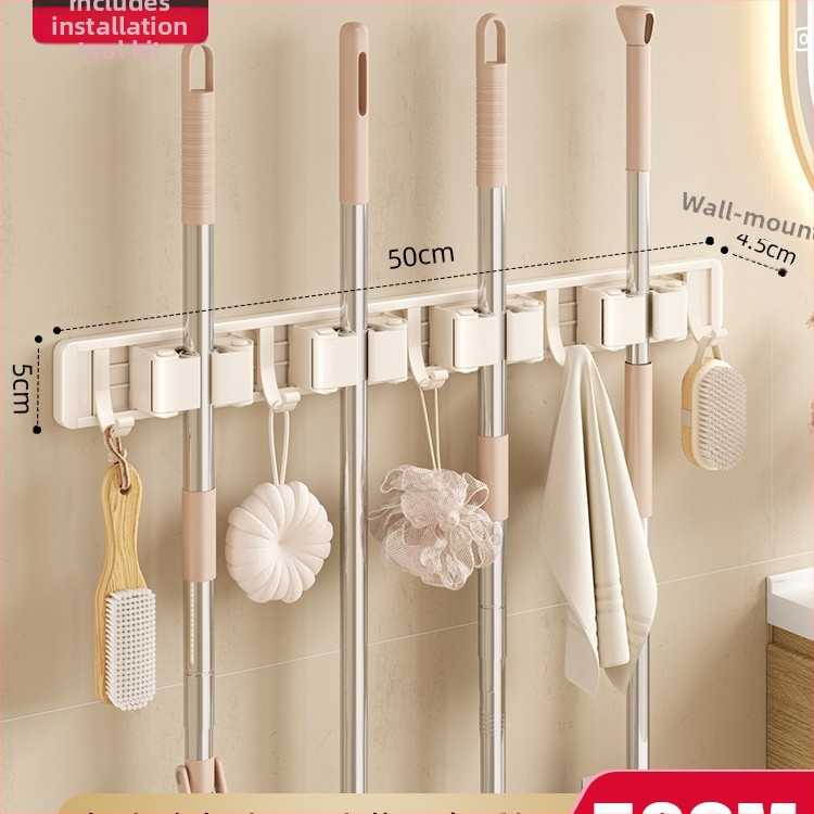 Stienā sienas plaukts mopam un slotai Crown Toon, materiāls: kosmiskais alumīnijs un plastmasa, uzstādīšana bez urbumiem, uzglabāšana mopas rokturiem, virsmas apdare: spreja plastmasa, svars 0,3 kg