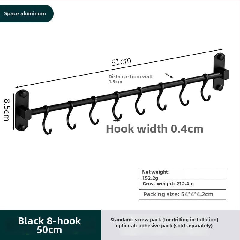 Alumínium falra szerelhető tároló polc akasztókkal és akasztó rúddal — fúrás nélkül, CE tanúsítvánnyal, Hongtu, modern minimalista stílus