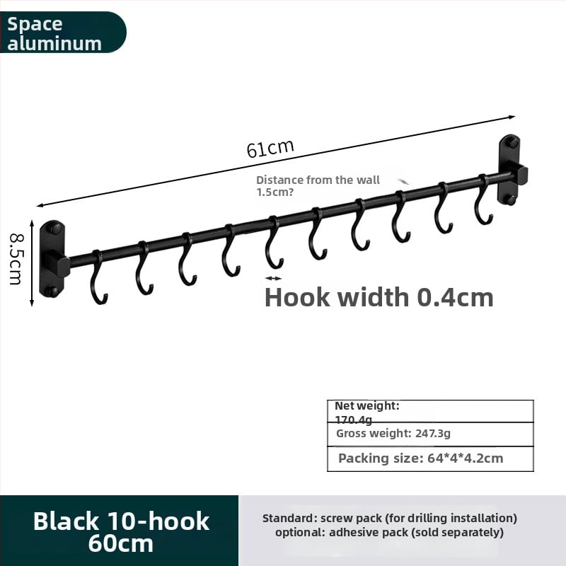 Alumínium falra szerelhető tároló polc akasztókkal és akasztó rúddal — fúrás nélkül, CE tanúsítvánnyal, Hongtu, modern minimalista stílus