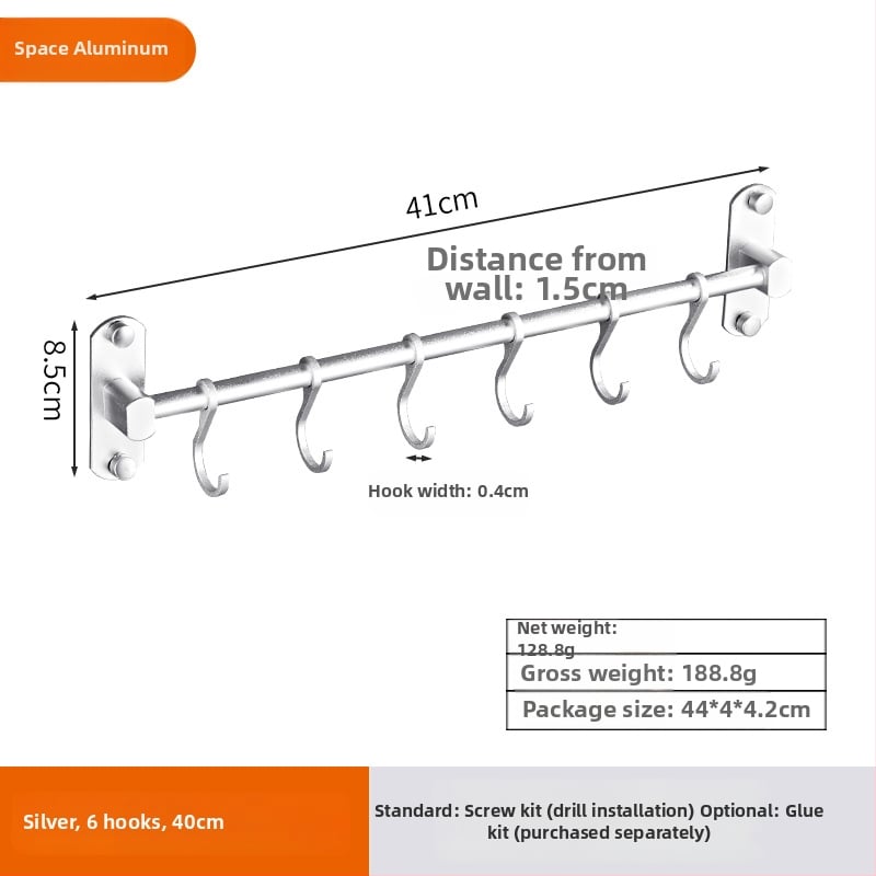 Alumínium falra szerelhető tároló polc akasztókkal és akasztó rúddal — fúrás nélkül, CE tanúsítvánnyal, Hongtu, modern minimalista stílus