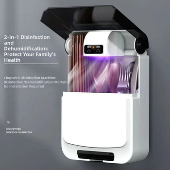 Falihoz szerelhető fertőtlenítő evőpálcika tartó és szárító – anyag: PP; rögzítés: falra; funkciók: fertőtlenítés és szárítás; por elleni védelem