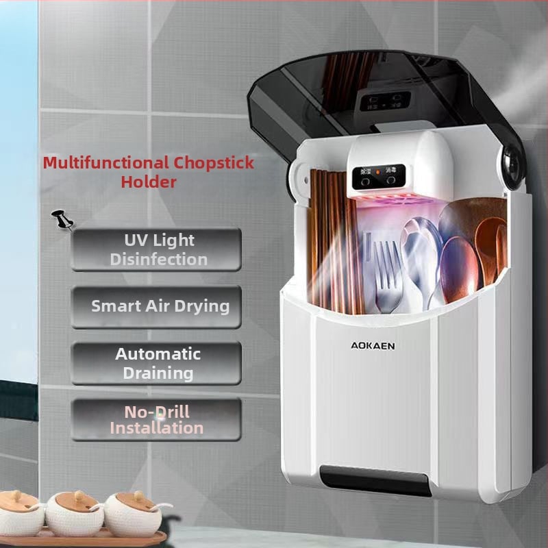 Falihoz szerelhető fertőtlenítő evőpálcika tartó és szárító – anyag: PP; rögzítés: falra; funkciók: fertőtlenítés és szárítás; por elleni védelem