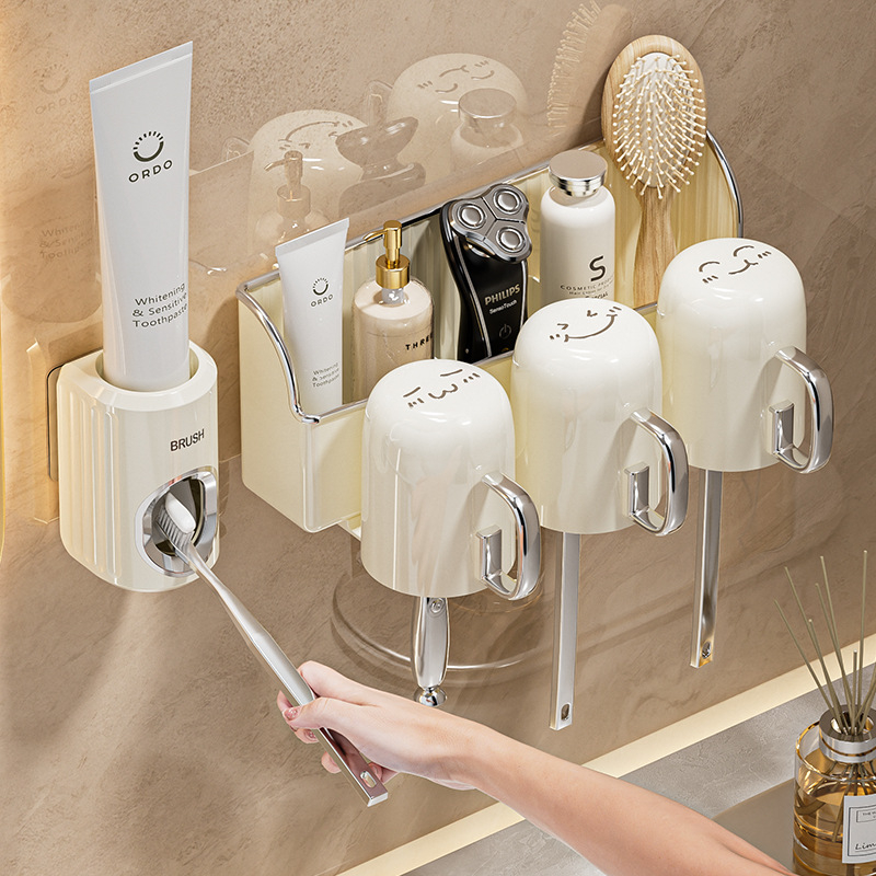 Fali fogkefetartó, vákuumos rögzítés, fúrás nélküli, adagoló fogkrémhez, PET+PP