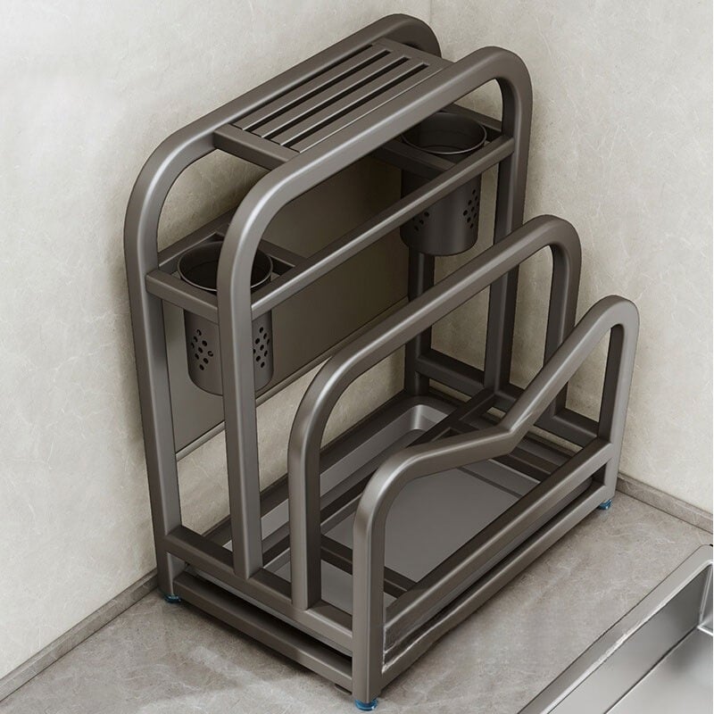 304 rozsdamentes acél konyhai késállvány integrált vágódeszka- és pálcika-tartóval — összeszerelés nélkül