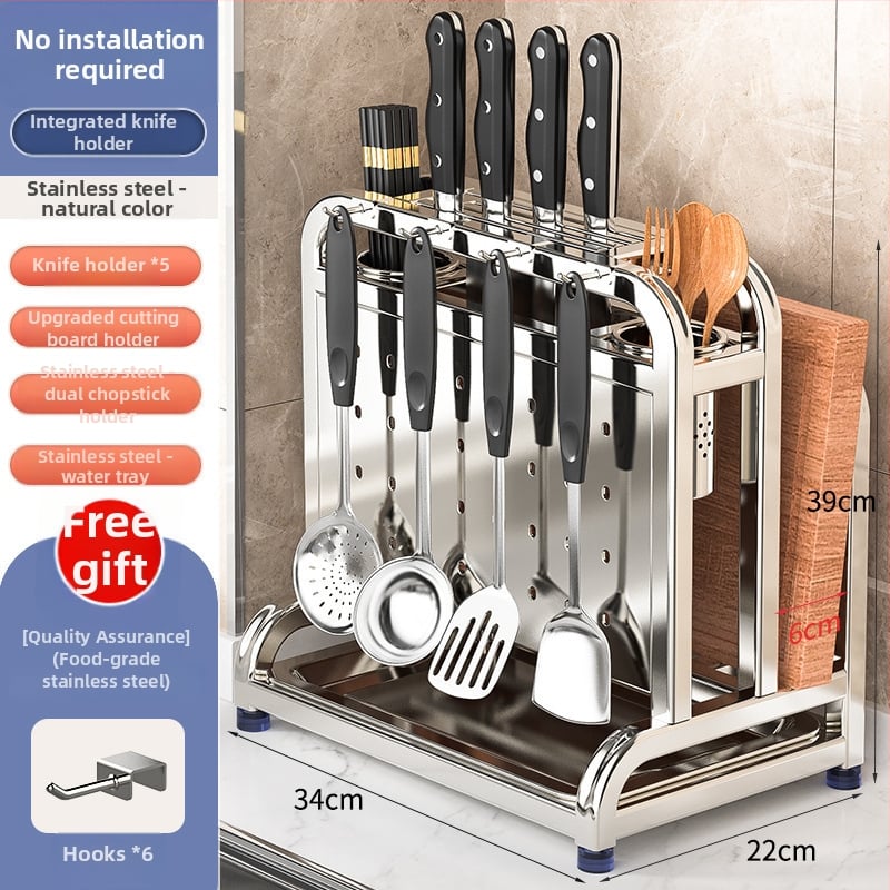 304 rozsdamentes acél konyhai késállvány integrált vágódeszka- és pálcika-tartóval — összeszerelés nélkül