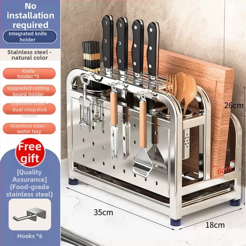 304 rozsdamentes acél konyhai késállvány integrált vágódeszka- és pálcika-tartóval — összeszerelés nélkül