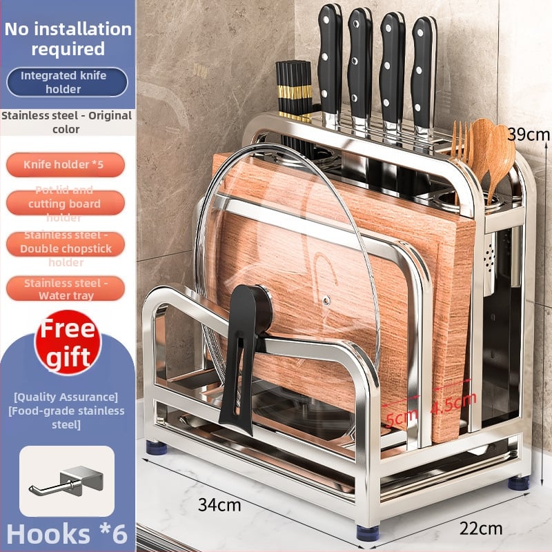 304 rozsdamentes acél konyhai késállvány integrált vágódeszka- és pálcika-tartóval — összeszerelés nélkül