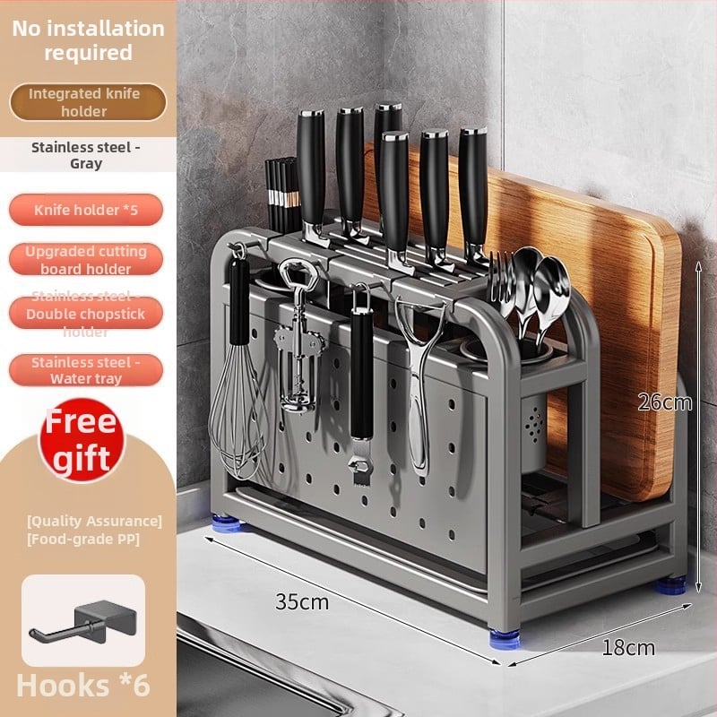 304 rozsdamentes acél konyhai késállvány integrált vágódeszka- és pálcika-tartóval — összeszerelés nélkül