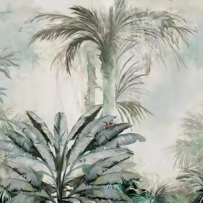 Seina tapeet-muraal: troopiline vihmamets banaanilehtedega, Kagu-Aasia stiilis, käsitsi maalitud elutoale ja söögitoale (Materjal: keemiline kiud; Funktsioon: plekikindel; Stiil: Kagu-Aasia; Artikli number: 564; Kihtide koostis: 3)