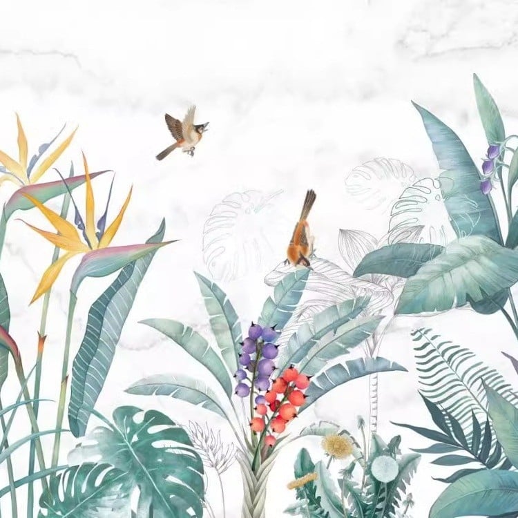 Seina tapeet-muraal: troopiline vihmamets banaanilehtedega, Kagu-Aasia stiilis, käsitsi maalitud elutoale ja söögitoale (Materjal: keemiline kiud; Funktsioon: plekikindel; Stiil: Kagu-Aasia; Artikli number: 564; Kihtide koostis: 3)