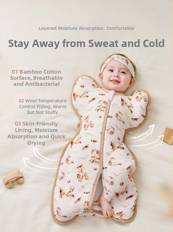 Zīdaiņu gulēšanas somiņa, pildījums 10% aitu vilna, ārējais audums kokvilnas maisījumā, iekšējais audums kokvilna, dzīvnieku raksts, piemērots ziemai, pavasarim un rudenim, 0–1 gads