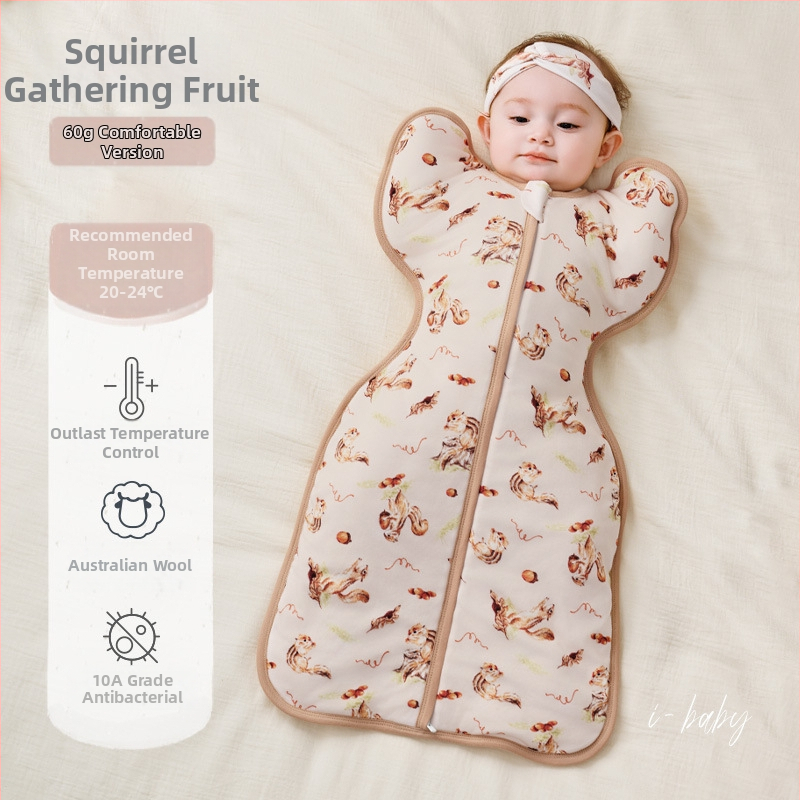 Zīdaiņu gulēšanas somiņa, pildījums 10% aitu vilna, ārējais audums kokvilnas maisījumā, iekšējais audums kokvilna, dzīvnieku raksts, piemērots ziemai, pavasarim un rudenim, 0–1 gads