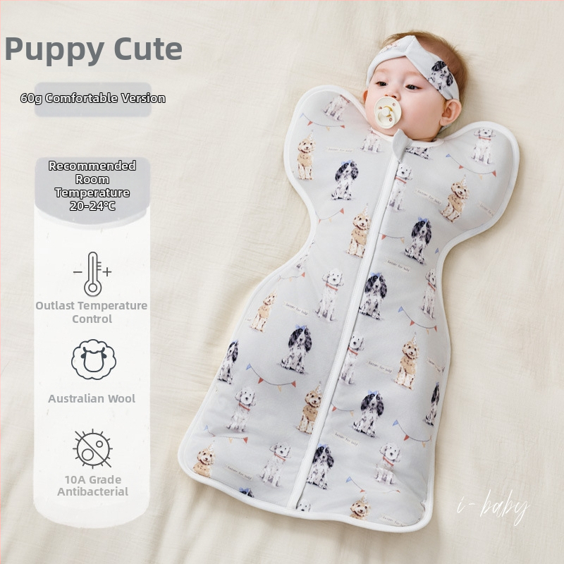 Zīdaiņu gulēšanas somiņa, pildījums 10% aitu vilna, ārējais audums kokvilnas maisījumā, iekšējais audums kokvilna, dzīvnieku raksts, piemērots ziemai, pavasarim un rudenim, 0–1 gads