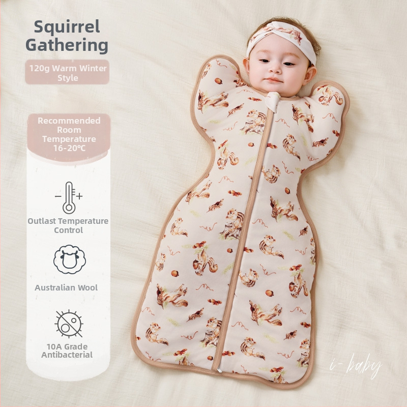 Zīdaiņu gulēšanas somiņa, pildījums 10% aitu vilna, ārējais audums kokvilnas maisījumā, iekšējais audums kokvilna, dzīvnieku raksts, piemērots ziemai, pavasarim un rudenim, 0–1 gads