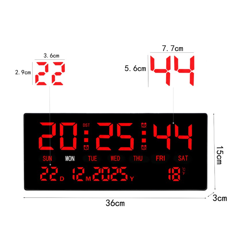 Ceas de perete cu afișaj LED digital, termometru, calendar perpetuu, afișaj săptămânal și lunar