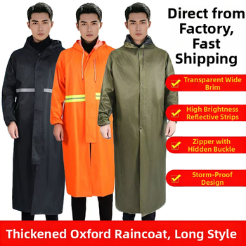 Ilgas lietaus pončas su užtrauktuku suaugusiems, storas Oxford audinys, PVC vandeniui atsparus sluoksnis, žygiams