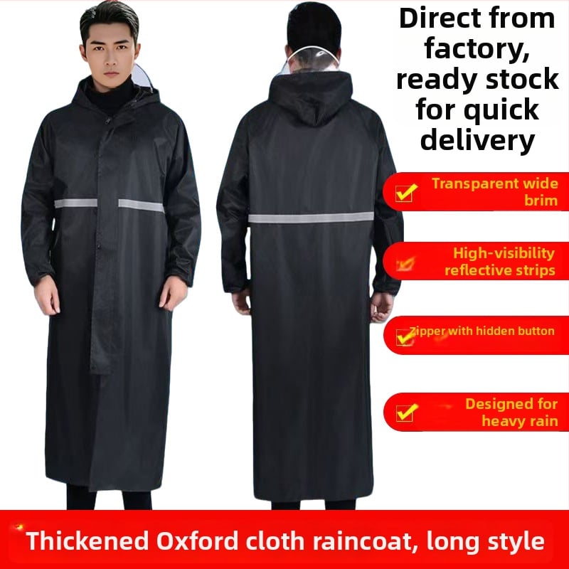 Ilgas lietaus pončas su užtrauktuku suaugusiems, storas Oxford audinys, PVC vandeniui atsparus sluoksnis, žygiams
