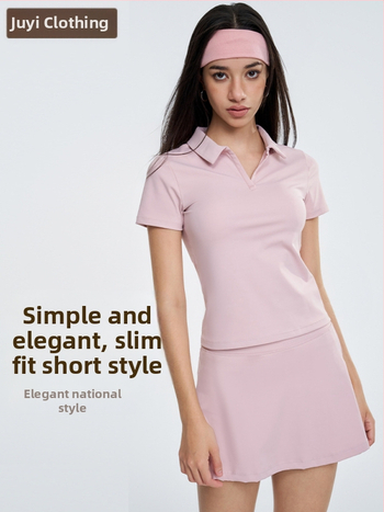 Ženski sportski set: polo majica s kratkim rukavima i tenis suknja za jogu – brzo sušenje, odvlačenje vlage, najlon + spandex, 80/20, pulover stil