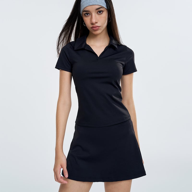 Ženski sportski set: polo majica s kratkim rukavima i tenis suknja za jogu – brzo sušenje, odvlačenje vlage, najlon + spandex, 80/20, pulover stil