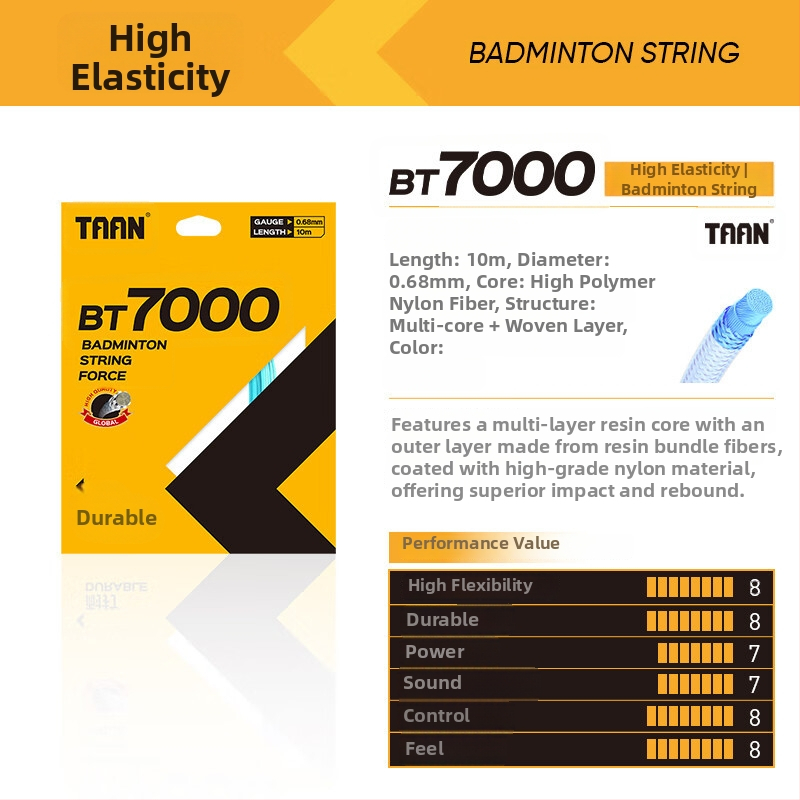 BT7000 badminton trosīte – augsta elastība, diametrs 0,68 mm, triecienu absorbcija