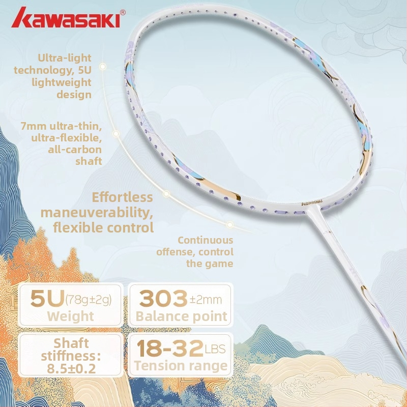 Raketa za badminton Kawasaki Feitian, okvir od karbonskih vlakana, težina 75–79 g, najlon strune, direktan udarac