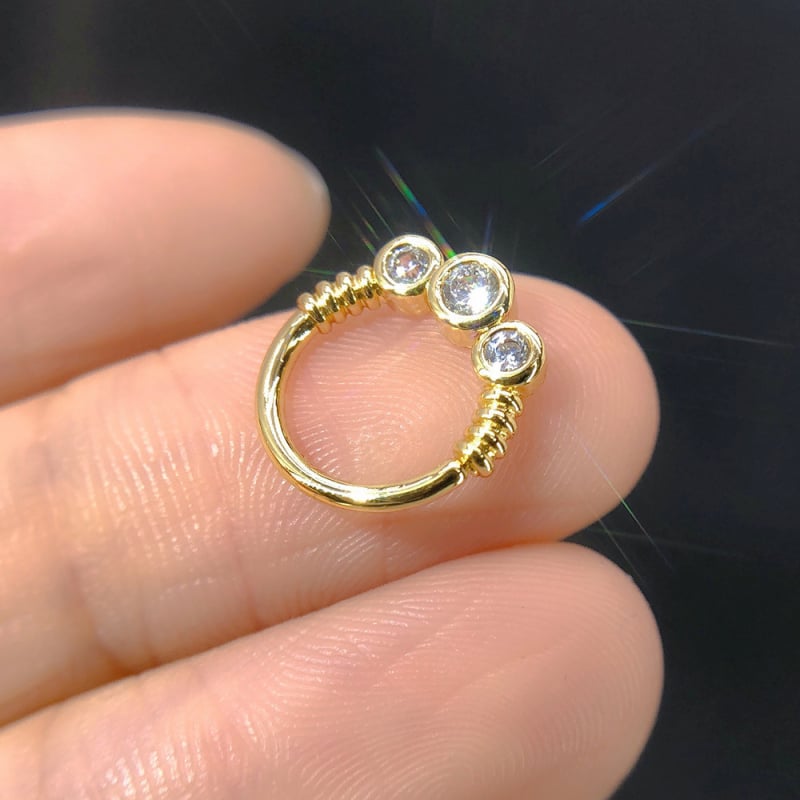 Unisex nosies žiedas iš vario su cirkonio kristalais, apvalus dizainas, elektroplatavimas