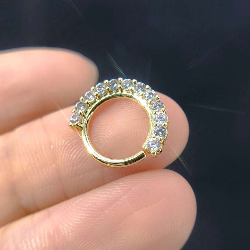 Unisex nosies žiedas iš vario su cirkonio kristalais, apvalus dizainas, elektroplatavimas