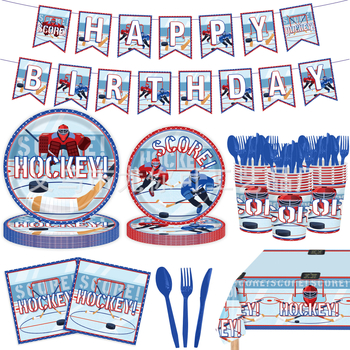 Ledus hokeja dzimšanas dienas galda piederumi – papīra šķīvji, salvetes, galdauts; hokeja tēma