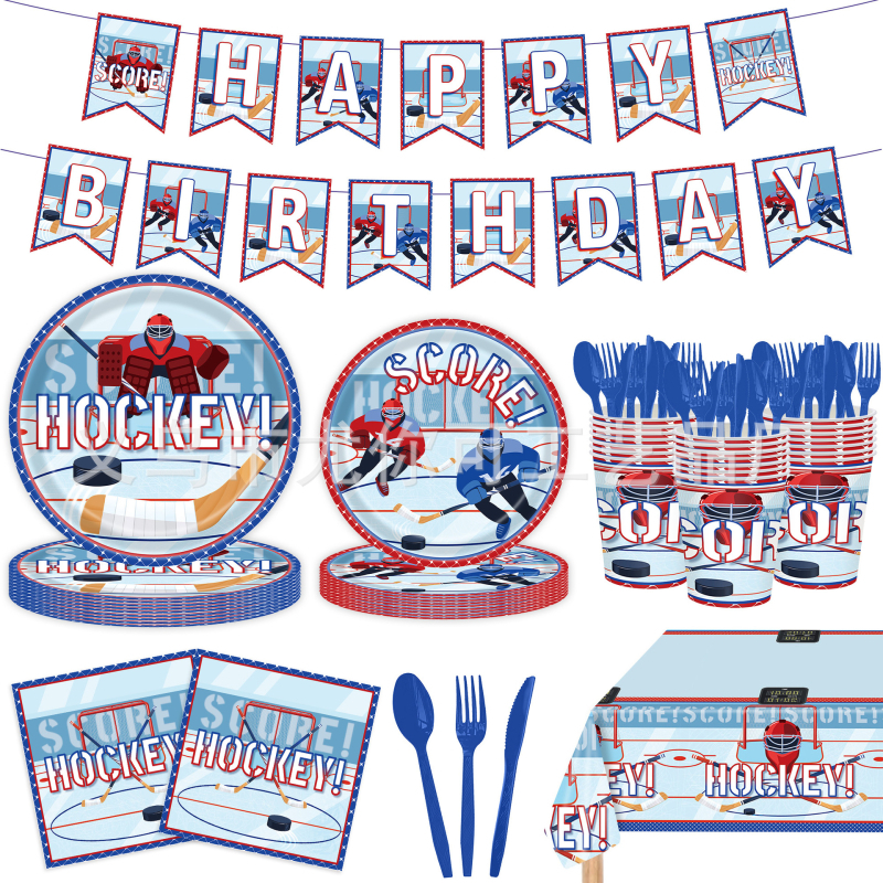 Ledus hokeja dzimšanas dienas galda piederumi – papīra šķīvji, salvetes, galdauts; hokeja tēma