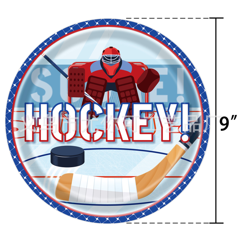 Ledus hokeja dzimšanas dienas galda piederumi – papīra šķīvji, salvetes, galdauts; hokeja tēma