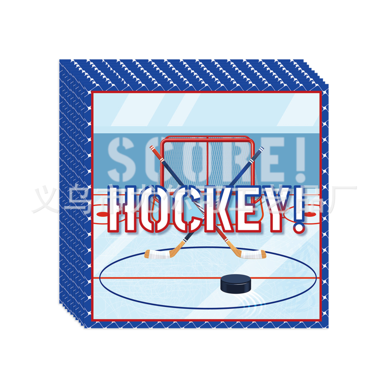 Ledus hokeja dzimšanas dienas galda piederumi – papīra šķīvji, salvetes, galdauts; hokeja tēma