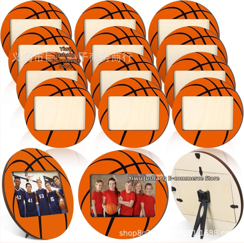 Drevená guľová fotokrám s témou športu, stolný displej, tlačený dizajn, karikatúrny štýl, osobný darček.