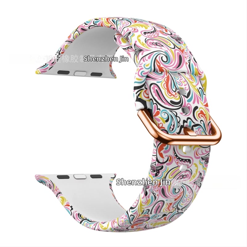 Силиконова каишка за Apple Watch — съвместима с Apple Watch, материал силикон, закопчаване с пин, тегло около 20 г, пусната през 2019 г.