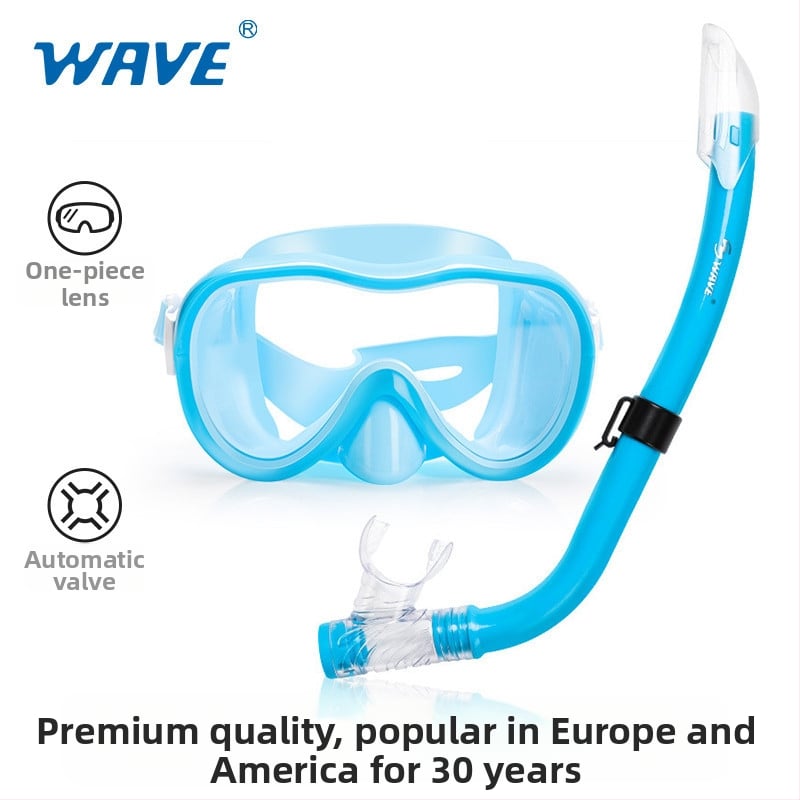 Wave Set de snorkeling pentru copii, două piese: mască din policarbonat, tub de respirație PVC semi-uscat, muștiuc moale