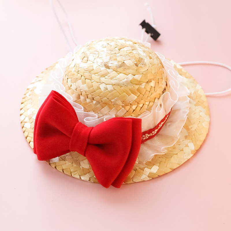 Naminių gyvūnėlių šiaudinė skrybėlė — gėlių raštas, rankų darbo mezginys, vasaros sezonas