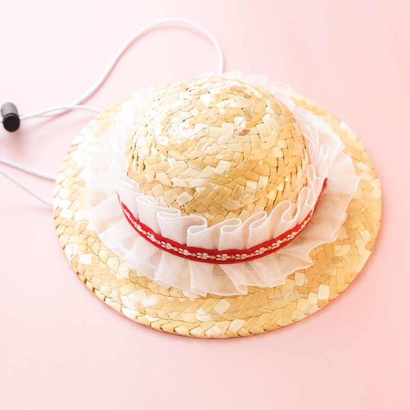 Naminių gyvūnėlių šiaudinė skrybėlė — gėlių raštas, rankų darbo mezginys, vasaros sezonas