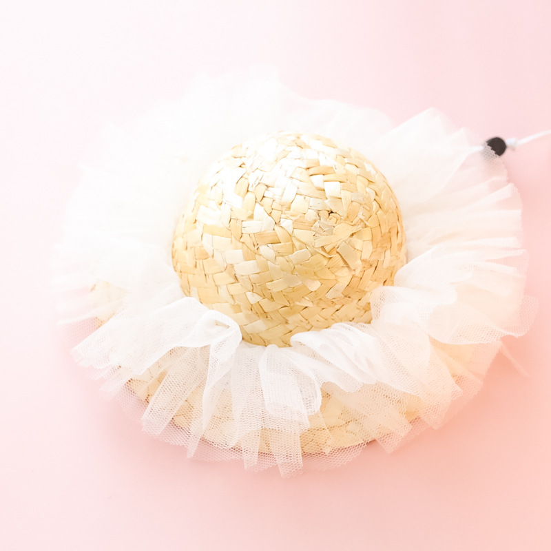 Naminių gyvūnėlių šiaudinė skrybėlė — gėlių raštas, rankų darbo mezginys, vasaros sezonas