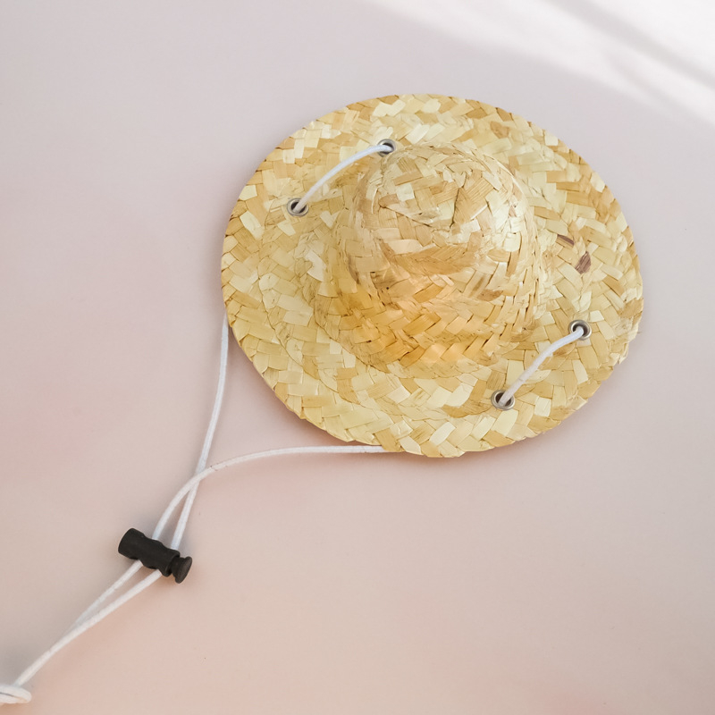 Naminių gyvūnėlių šiaudinė skrybėlė — gėlių raštas, rankų darbo mezginys, vasaros sezonas