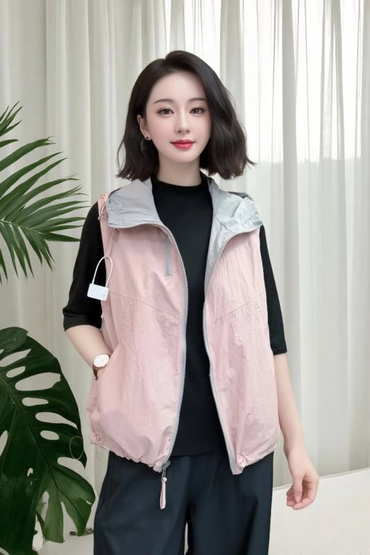 Sieviešu kapucēta veste ar rāvējslēdzēju priekšā, poliestera audums, brīvs piegriezums (kapucīte; rāvējslēdzējs; brīvs piegriezums; poliesteris; rudens 2025)