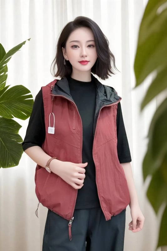 Sieviešu kapucēta veste ar rāvējslēdzēju priekšā, poliestera audums, brīvs piegriezums (kapucīte; rāvējslēdzējs; brīvs piegriezums; poliesteris; rudens 2025)