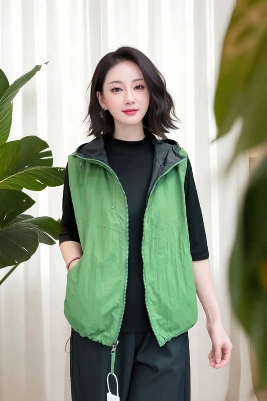 Sieviešu kapucēta veste ar rāvējslēdzēju priekšā, poliestera audums, brīvs piegriezums (kapucīte; rāvējslēdzējs; brīvs piegriezums; poliesteris; rudens 2025)